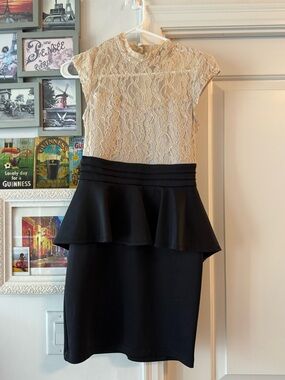 Love Culture Ivory Lace Top with Black Peplum Pencil Skirt